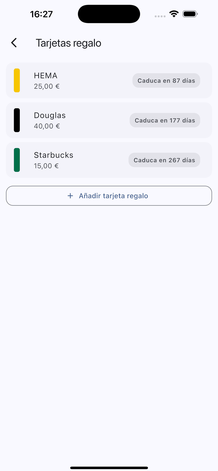Lista de tarjetas regalo con el saldo y el tiempo que queda antes de caducar