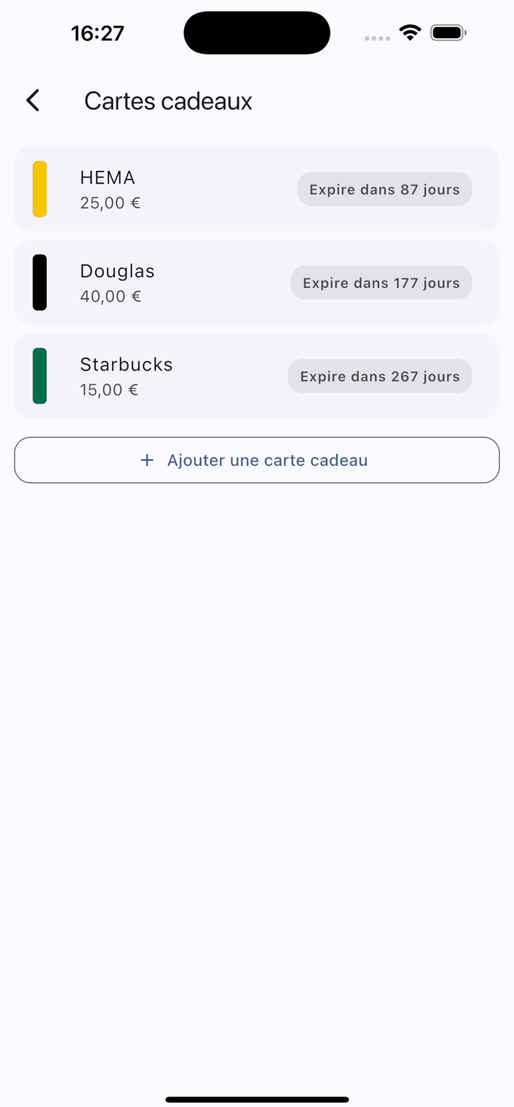 Liste des cartes cadeaux avec le solde et le temps restant avant expiration