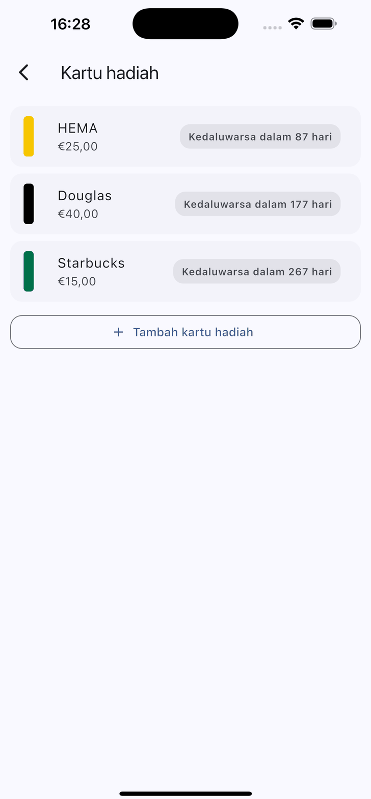 Daftar kartu hadiah beserta saldo dan sisa waktu sebelum tiap kartu kedaluwarsa